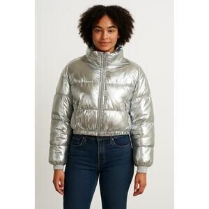Silver Cropped Puffer Jacket Small Quilted Futuristic Y2K Streetwear Glam